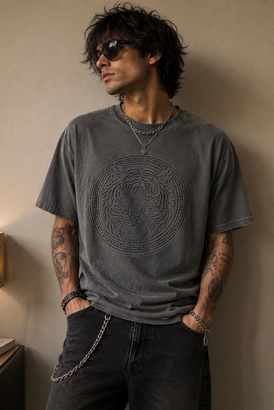 Men’s Charcoal Gray Graphic T-Shirt – Tiger Medallion Design